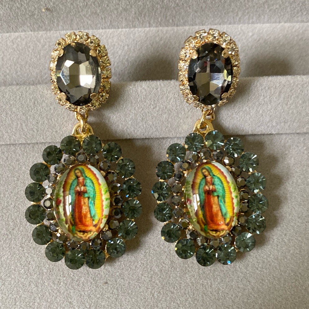 Virgen Mary Rhinestones Oval Drop Earrings